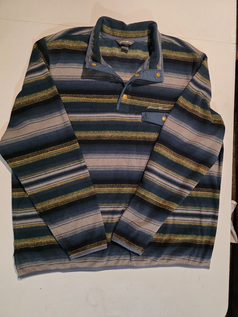 Eddie Bauer Snap Fleece Jacket Multicolor Striped Pullover Yellow Blue XL